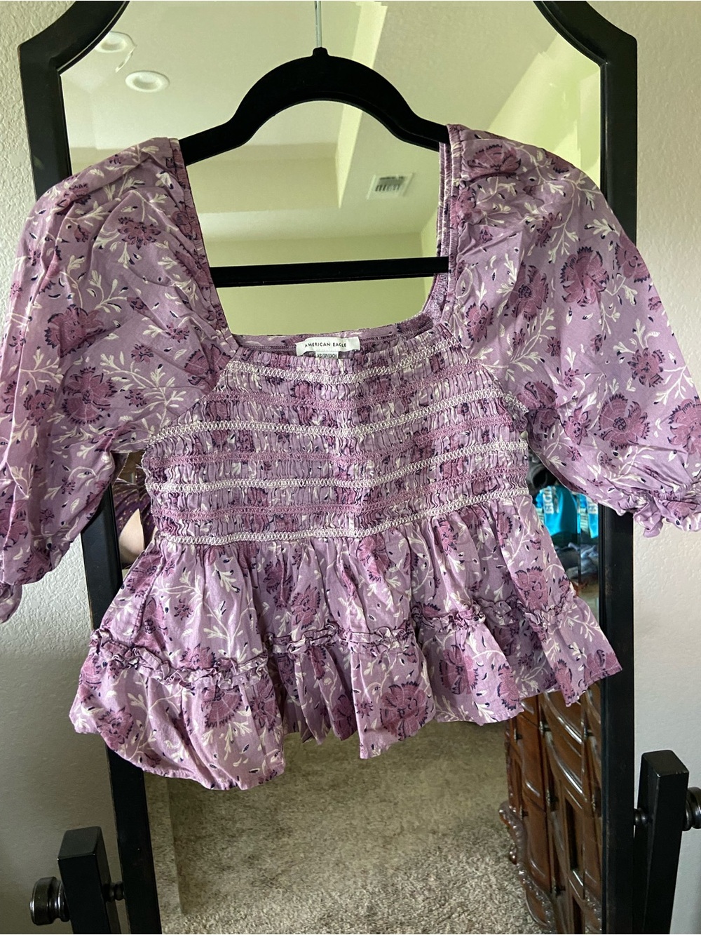American Eagle Outfitters Lavender Floral Smocked Peplum Crop Top